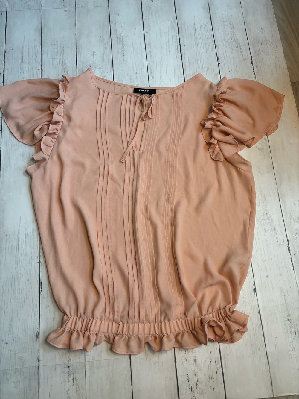 DKNY Peach Pintuck Ruffle Sleeve Top